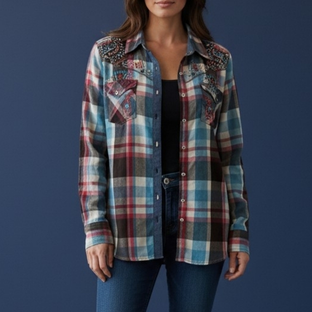 ROAR Y2k Totem Plaid Embellished Snap Button Western Grunge Flannel Shirt